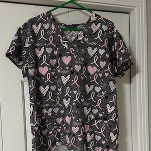 Cassandra D. Women’s Gray Pink Hope Ribbon V-Neck Scrub Top